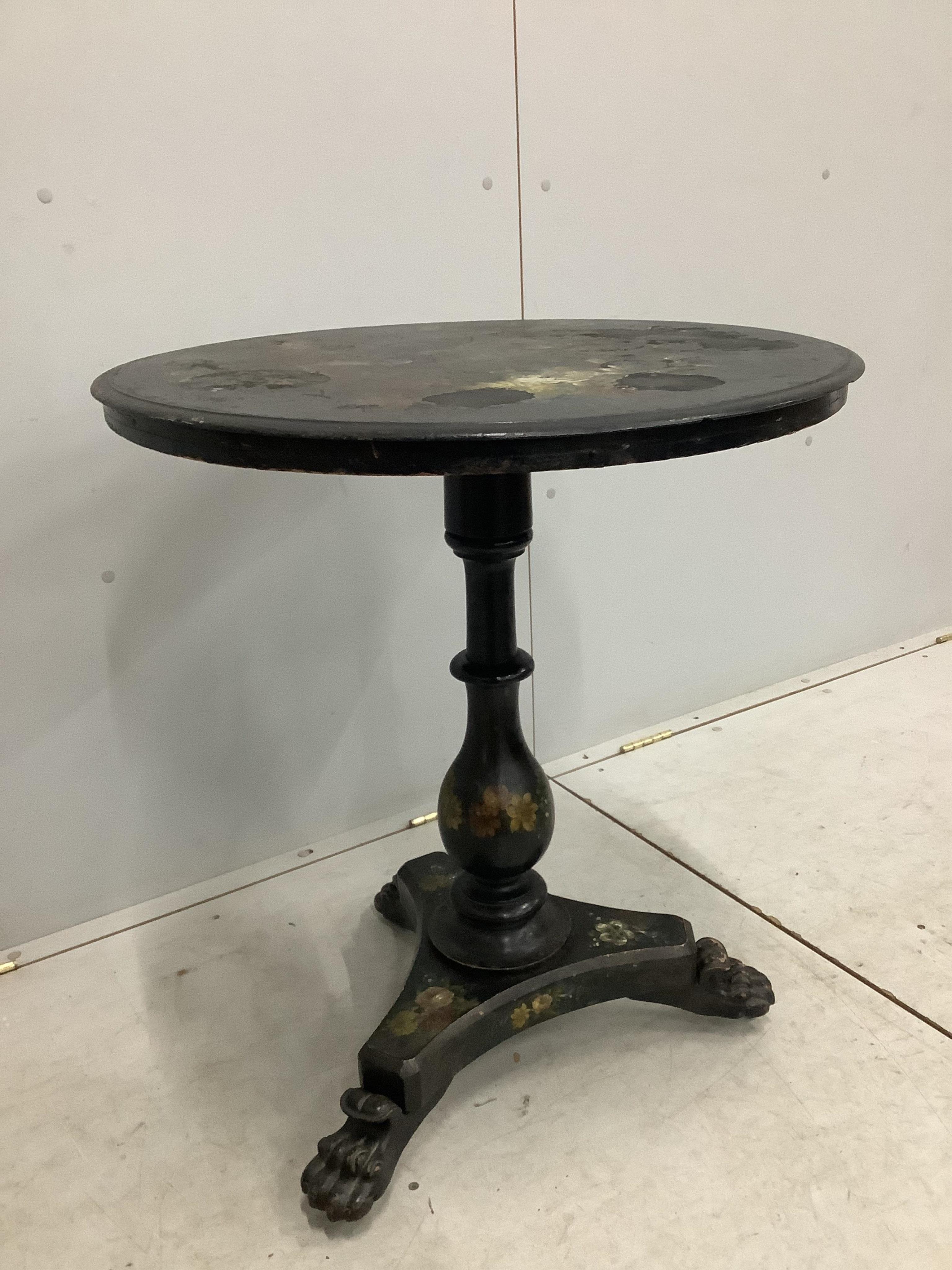 A Victorian painted and mother of pearl inlaid circular tilt top tea table, diameter 66cm, height 75cm. Condition - poor